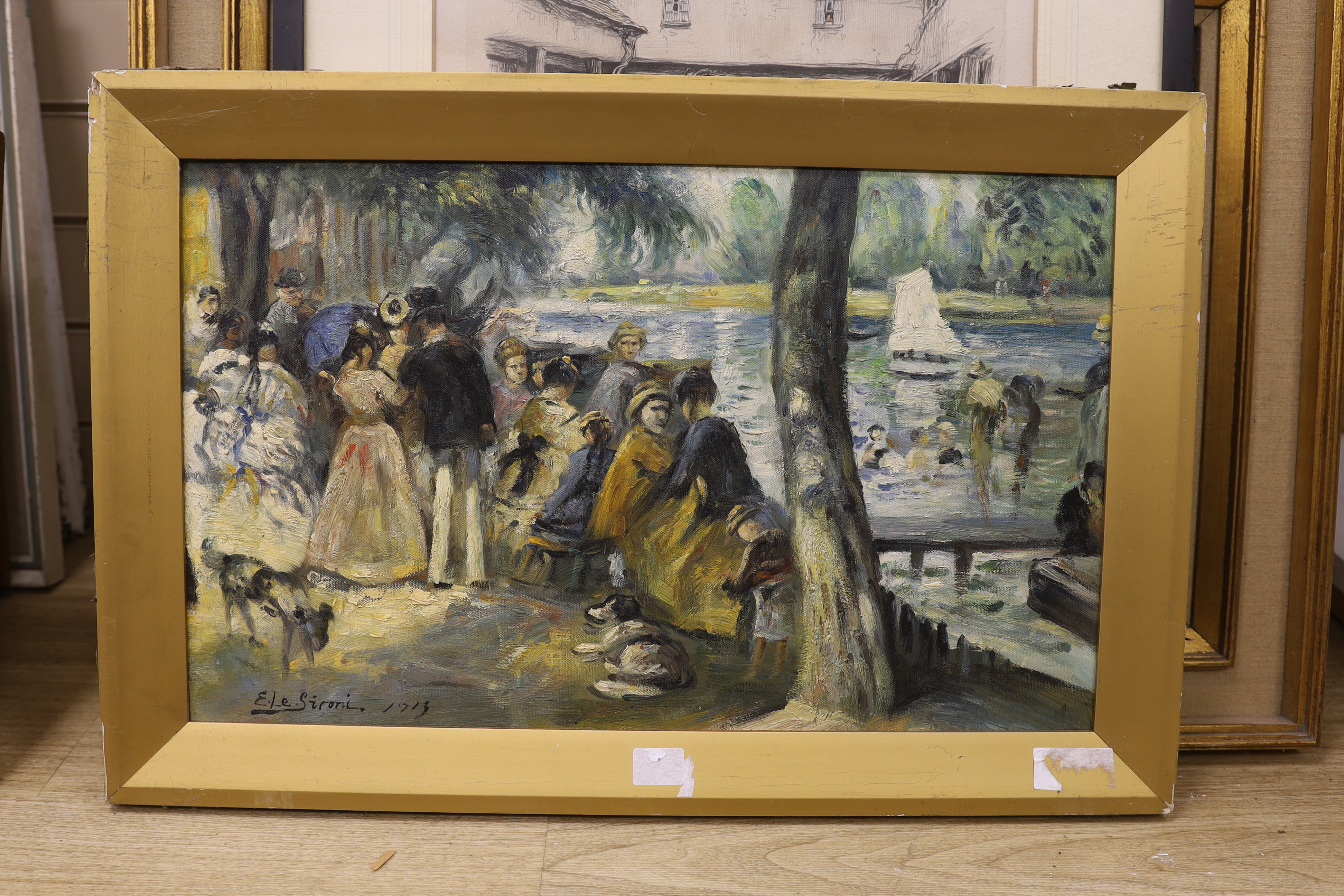 E. Le Saroni, oil on board, Figures at a boating park, bears signature and date 1913, 34 x 56cm